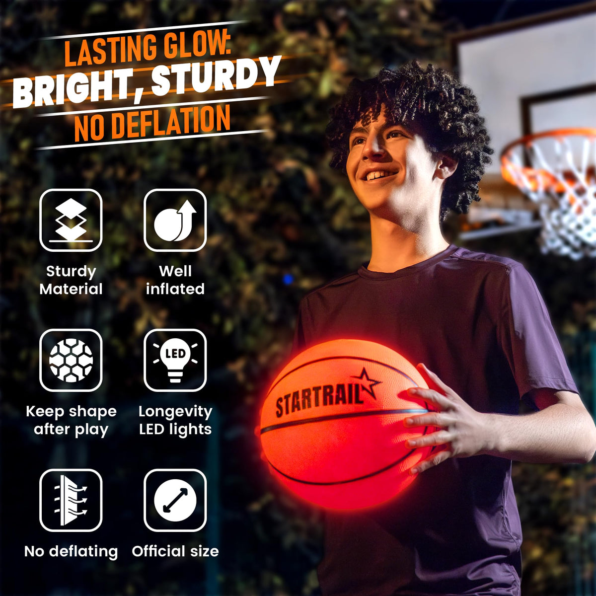 TOMLEON indoor-outdoor-use glow basketball supports year-round drills and fun.