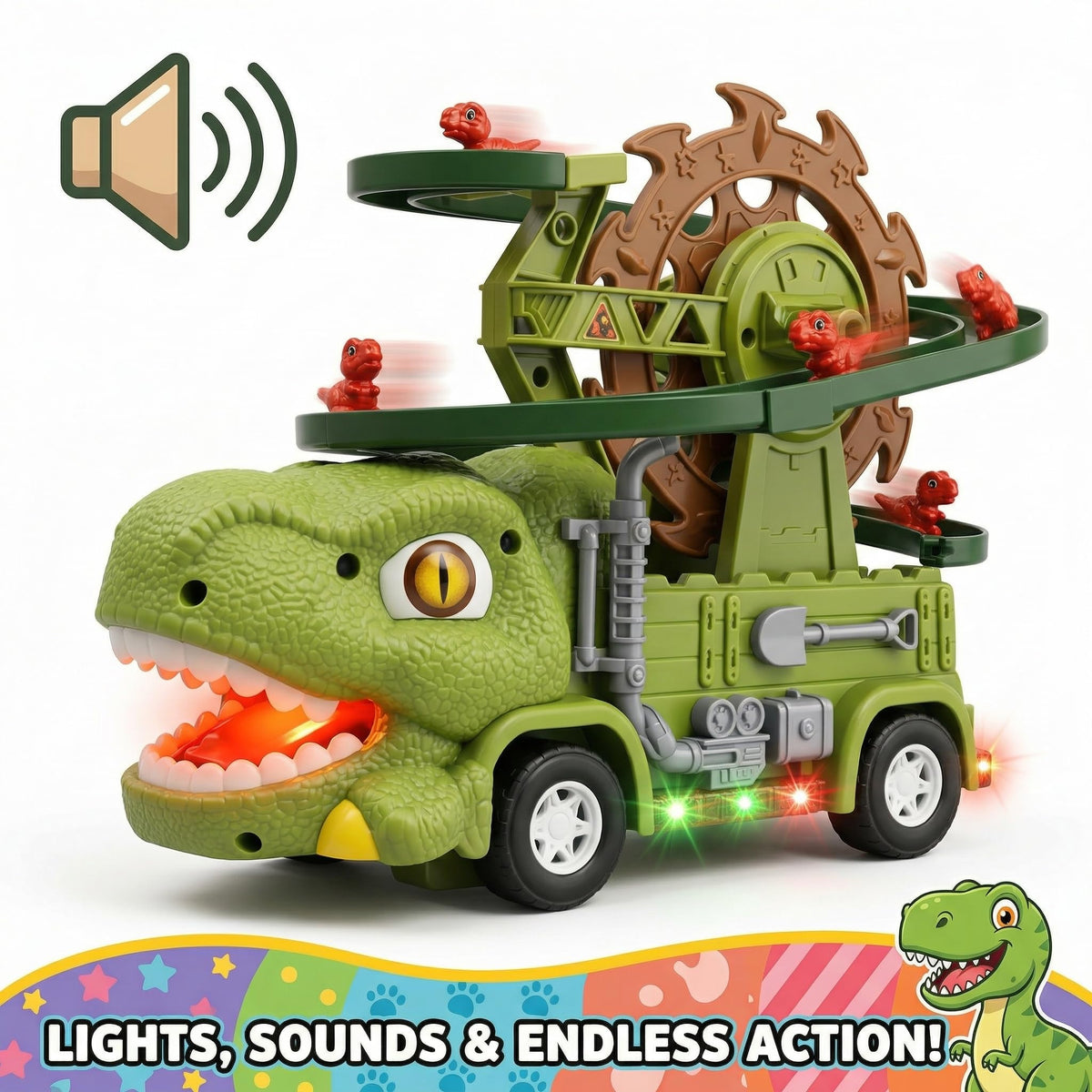 TOMLEON Dinosaur Truck battery-powered design for reliable indoor use.