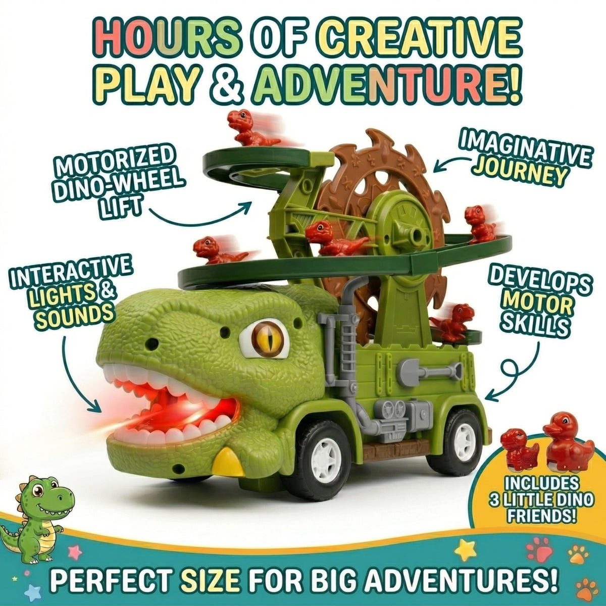 TOMLEON Dino Truck provides lights and sounds with a mute mode option.