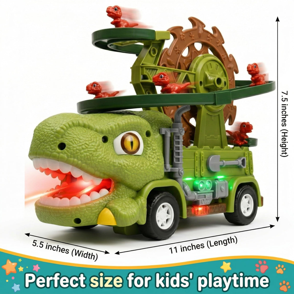TOMLEON Dinosaur Truck in glow-in-dark mode lights up indoor play areas.