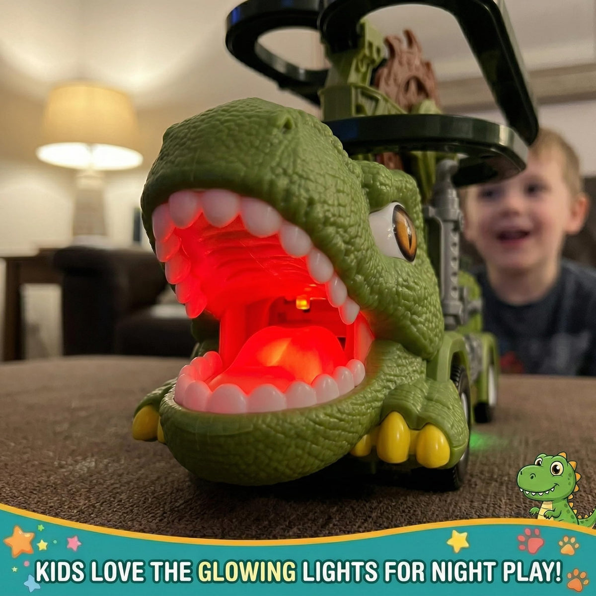 TOMLEON Dinosaur Truck ideal for indoor play on hard floors.