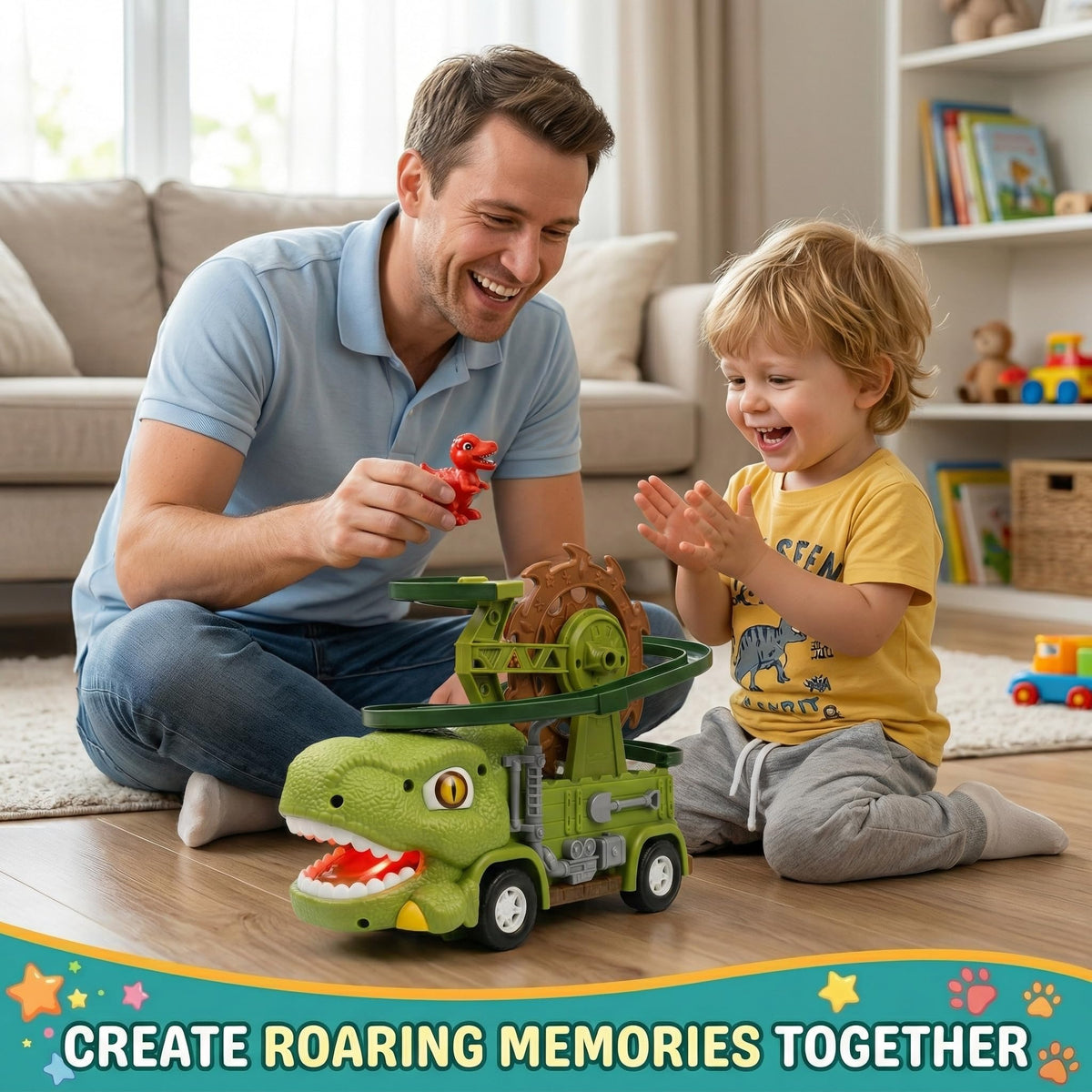 TOMLEON dinosaurs on track with the rotating wheel delivering endless replays.