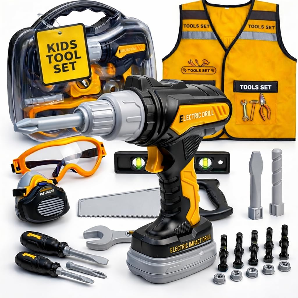 TOMLEON kids tool set with drill showcases imaginative building and dexterity development
