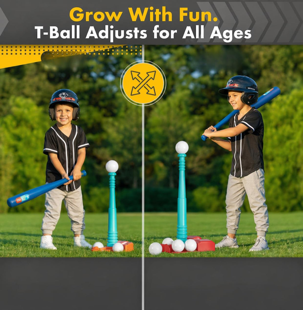 TOMLEON T Ball Stand with baseball bat ready for backyard sessions.