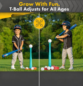 TOMLEON T Ball Stand with baseball bat ready for backyard sessions.