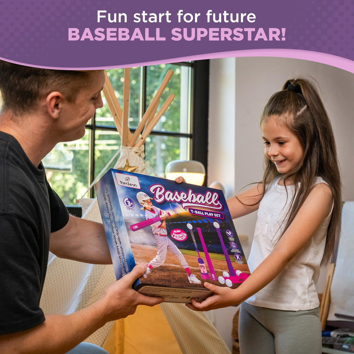 Tomleon T-Ball Stand supports indoor and outdoor play for versatility.