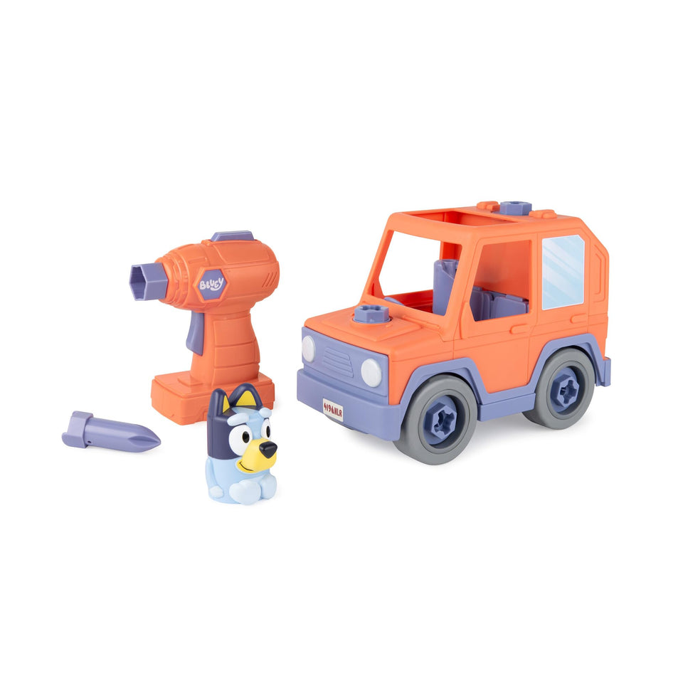 TOMY Build-A-Buddy Bluey Car assembly parts designed for toddler-friendly play.