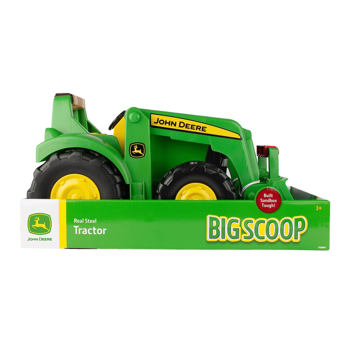 TOMY John Deere 21-inch Big Scoop Tractor easy-grip handle for small hands.