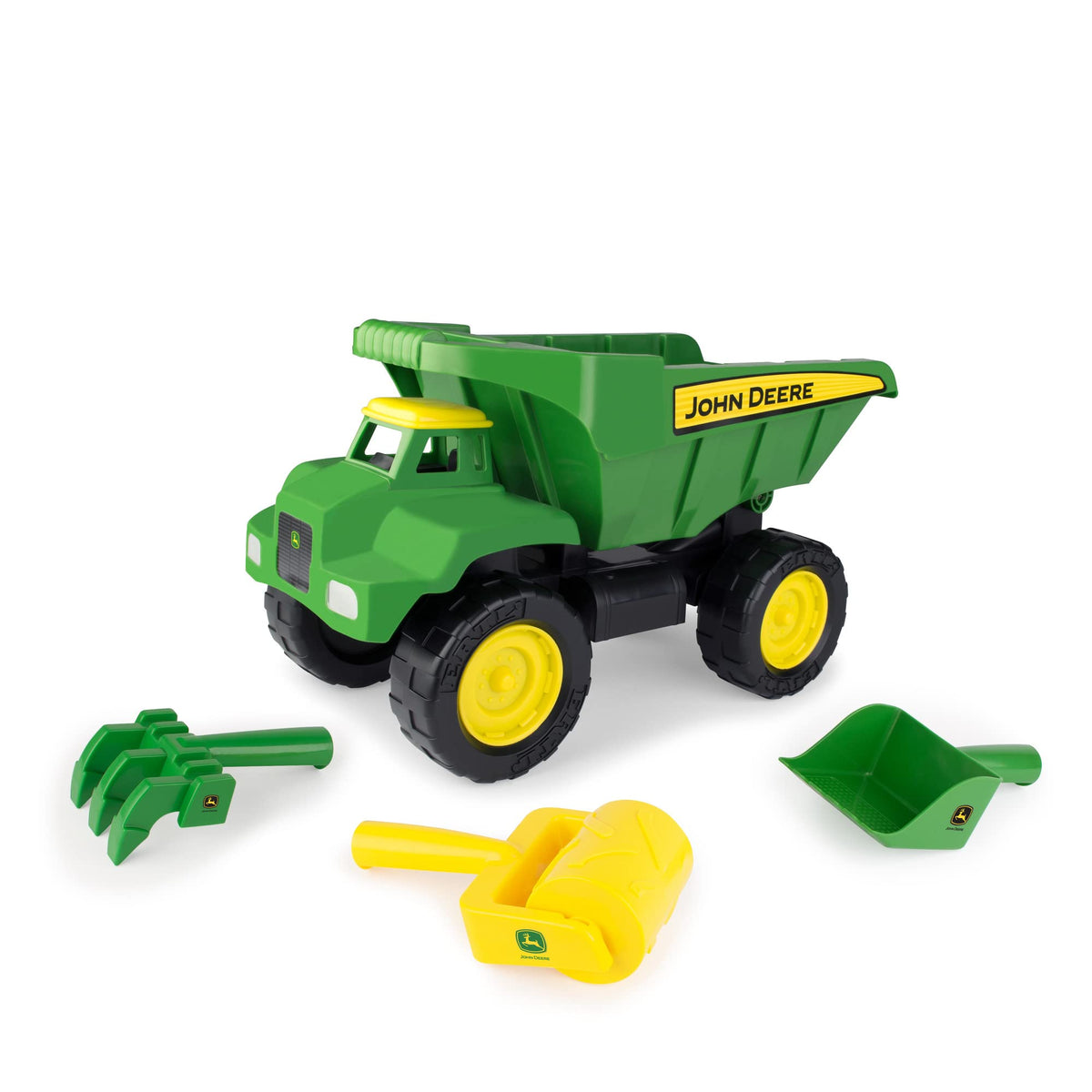 TOMY John Deere big scoop dump truck toy in sandbox for imaginative construction play