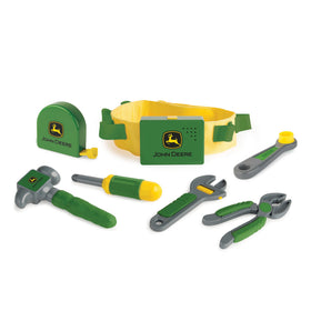 TOMY John Deere Deluxe Toolbelt buckle close-up showing interactive features for imaginative play.