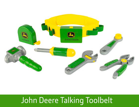 TOMY John Deere Deluxe Toolbelt tools slot organized for easy grab-and-go pretend construction.