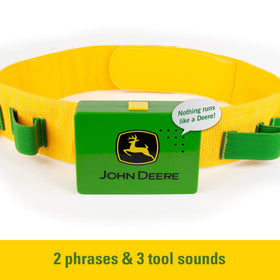 TOMY John Deere Deluxe Toolbelt kid wearing the green toy set.