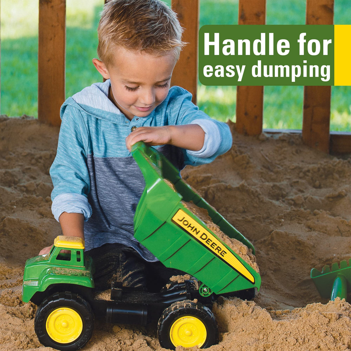 TOMY John Deere sandbox toy encourages outdoor or indoor pretend play