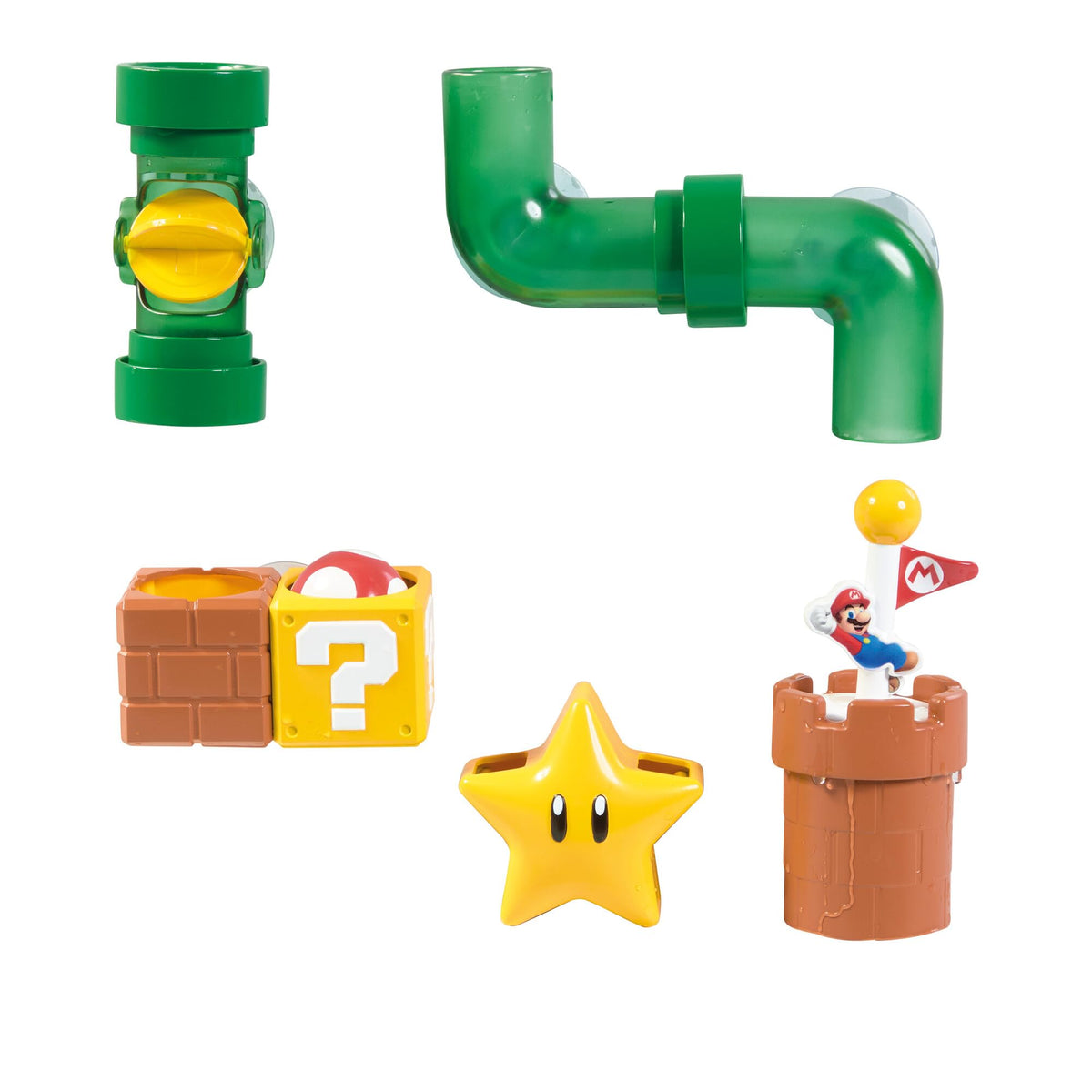TOMY My Mario Pipes Playset sticks securely with suction cups for wall play.