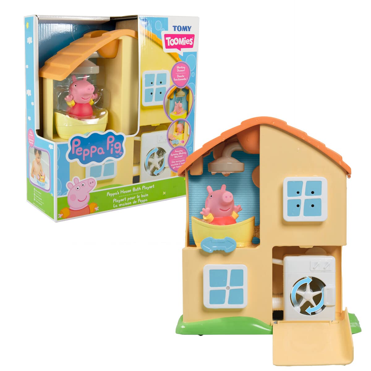 TOMY Toomies Peppa Pig House bath toy roof pourers enhance water play.