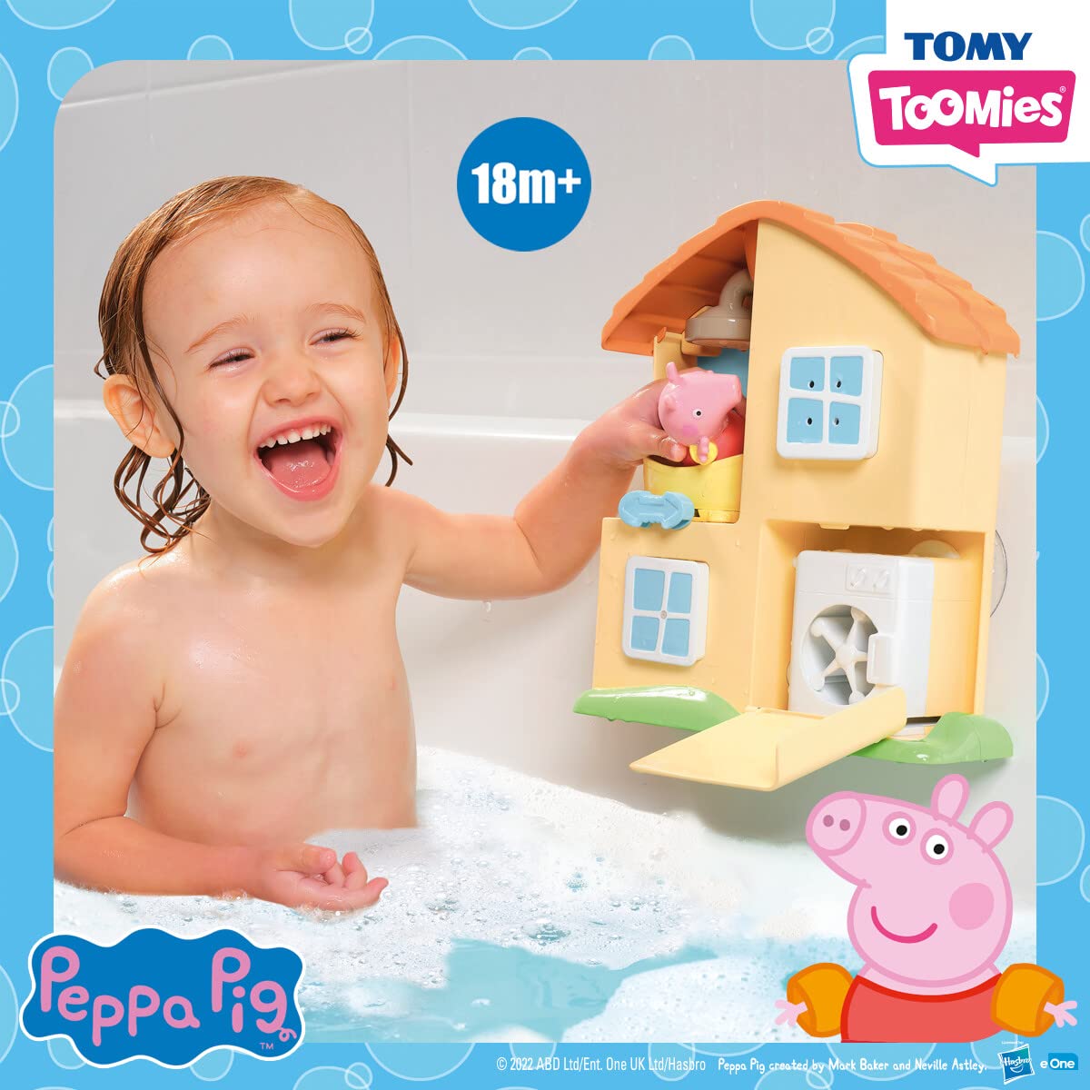 TOMY Toomies Peppa Pig House upstairs shower feature for interactive bath time.