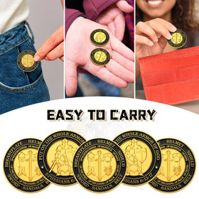 Tondiamo gold and black armor coin detail, durable alloy build.