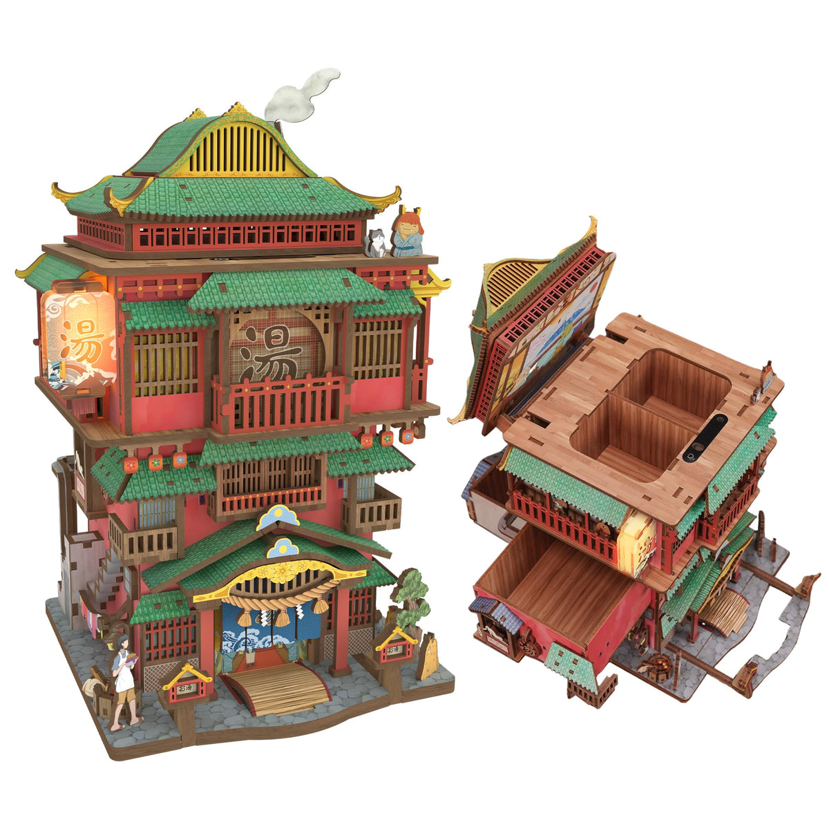 Tonecheer Onsen Saga puzzle kit top view showing intricate wood parts for a serene desk centerpiece