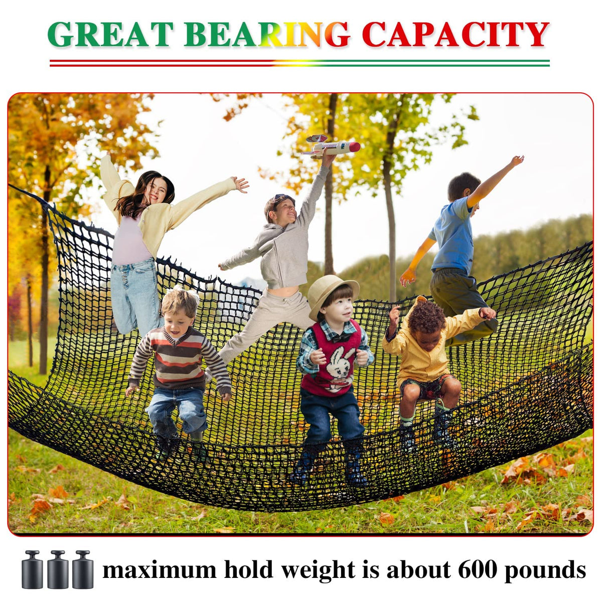 Durable polyester safety net material with soft texture and resilience.