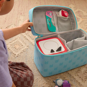 Tonies travel bag features secure zipper closure for safe travel.