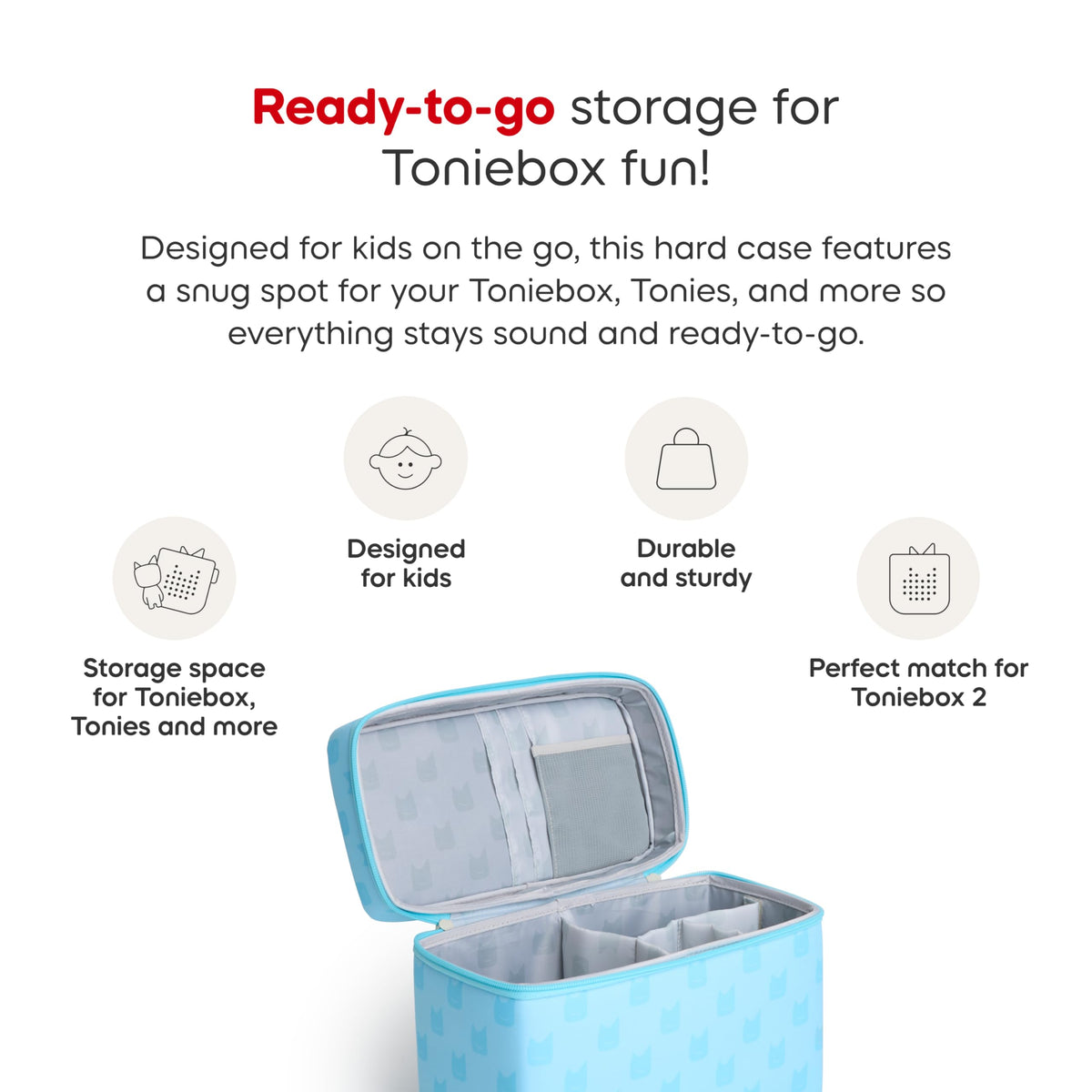 Tonies sky-blue travel case viewed from top highlights compact size.