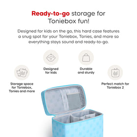 Tonies sky-blue travel case viewed from top highlights compact size.