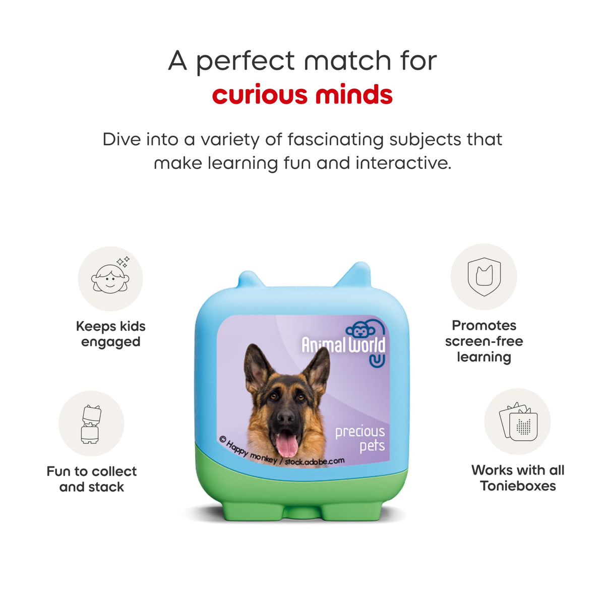 Tonies Animal World Wagging Dogs Tonie highlights friendly canine adventures for kids.