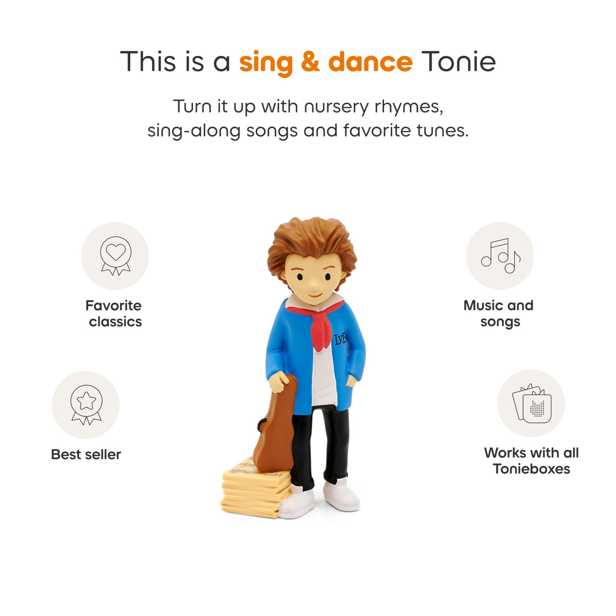 Child placing Beethoven's Wig figurine on a Toniebox for listening