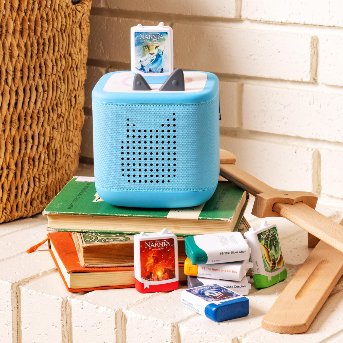 Tonies Toniebox on table ready for effortless audio storytelling.
