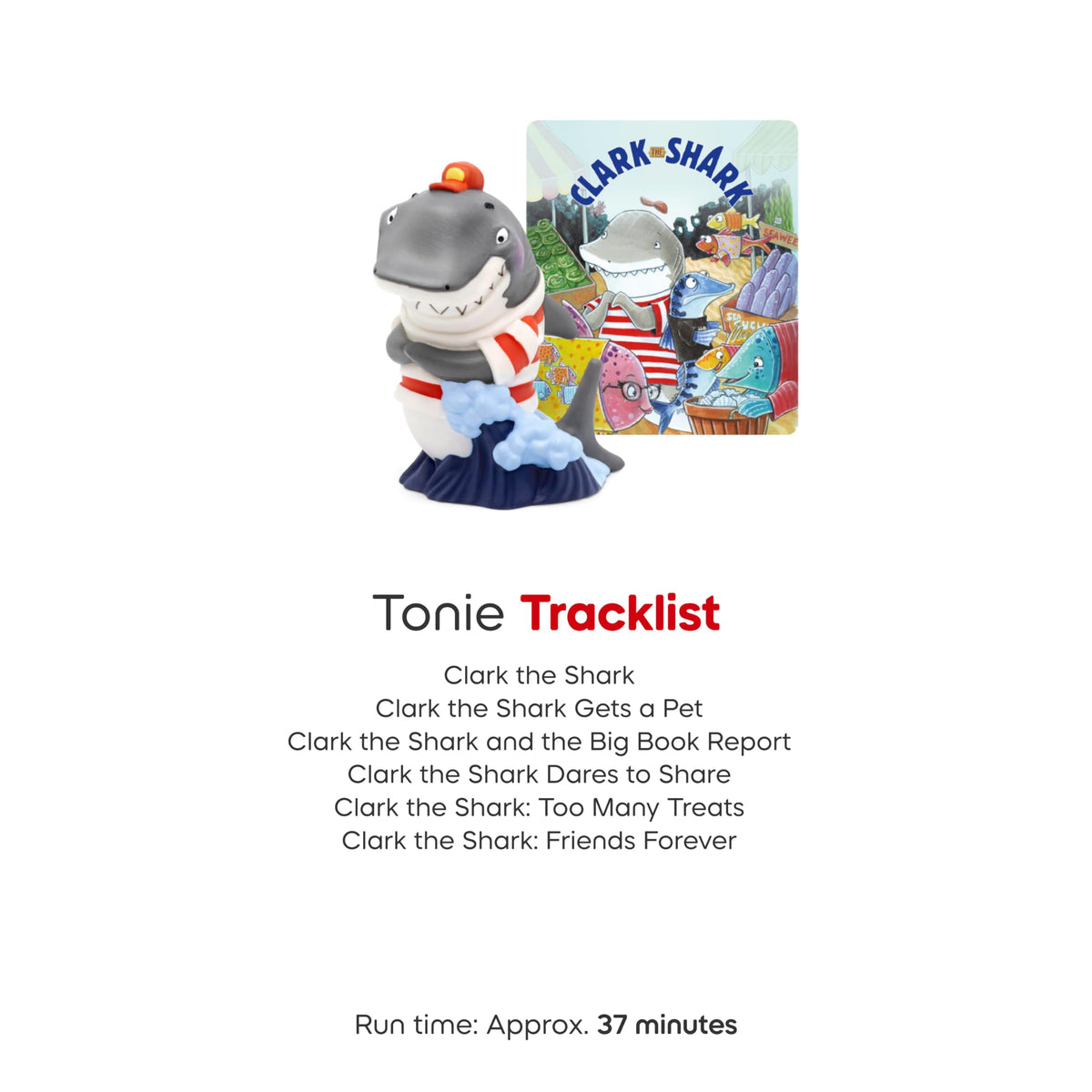 Tonies Clark the Shark packaging contents laid out for family storytelling time.