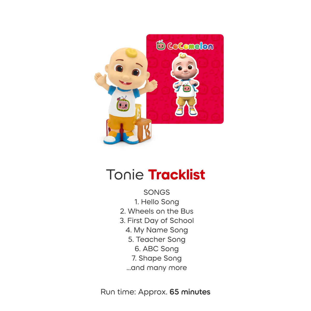 Tonies CoComelon JJ on shelf promotes imaginative play and routine songs.
