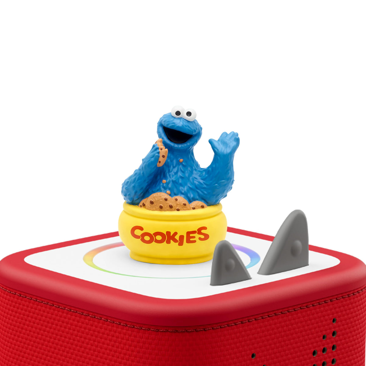 Cookie Monster holding a cookie invites kids to listen and learn.