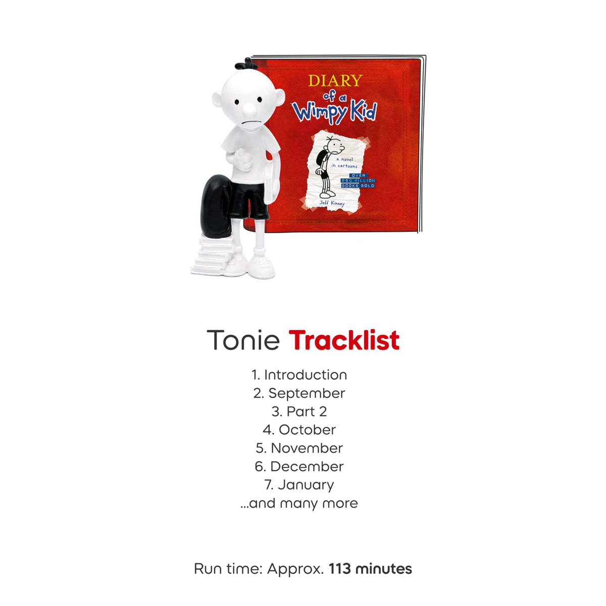 Tonies Diary of a Wimpy Kid tracklist image detailing monthly story progression.