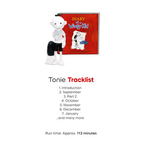 Tonies Diary of a Wimpy Kid tracklist image detailing monthly story progression.