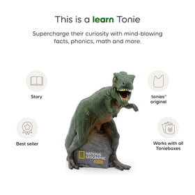 Tonies dinosaur tracklist label, highlights eight stories for varied learning moments.