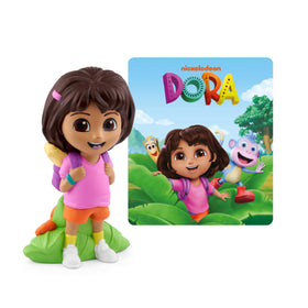 Tonies Dora audio toy figurine during backpack adventure showcasing bilingual stories and songs.