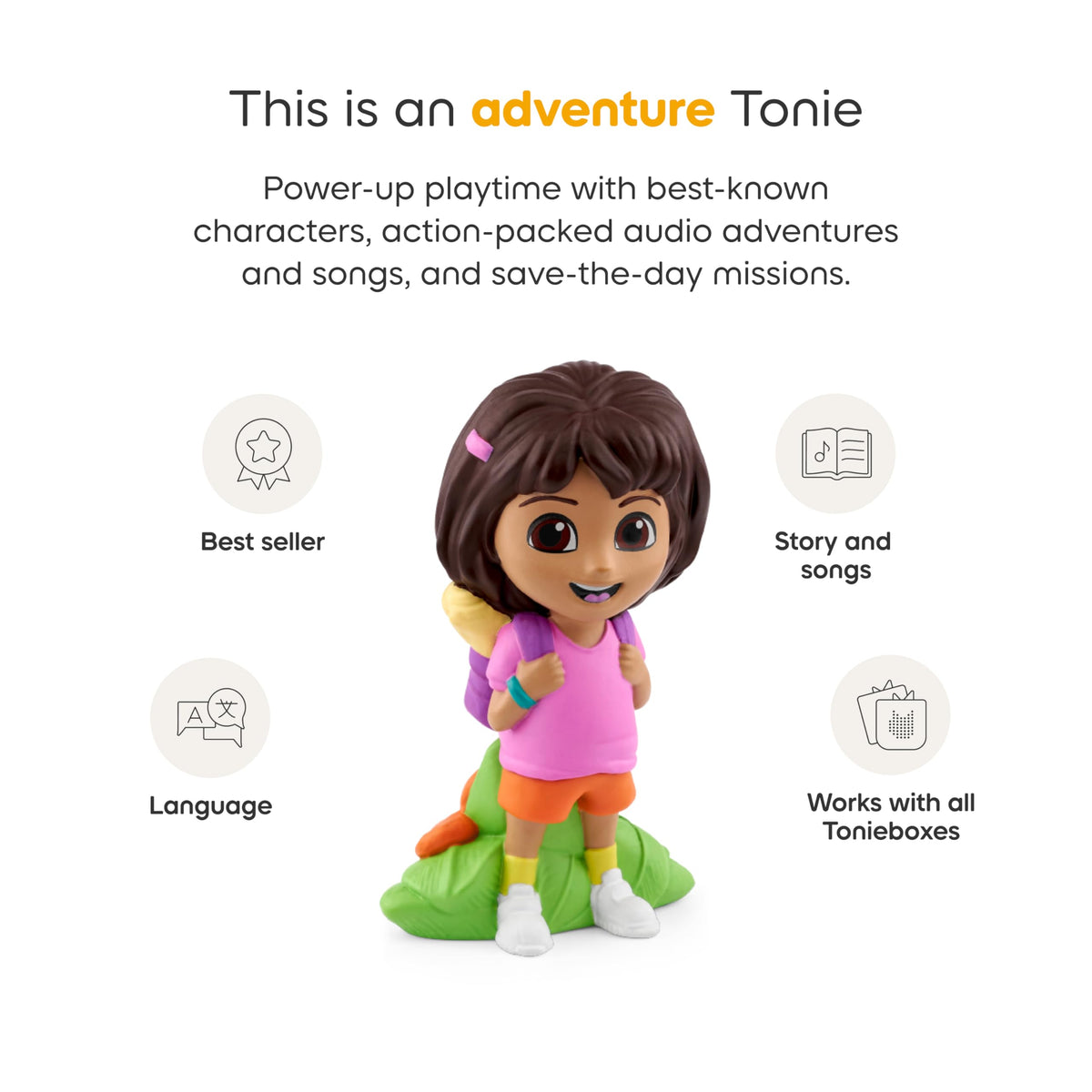 Tonies Dora packaging shows contents and easy setup for travel and routines.