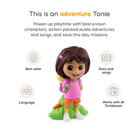 Tonies Dora packaging shows contents and easy setup for travel and routines.