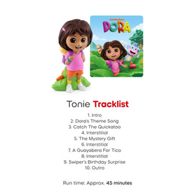 Tonies Dora 65-minute run-time emphasizes extended listening and storytelling.