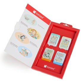Age range and English language info on Tonies 4-pack packaging artwork.