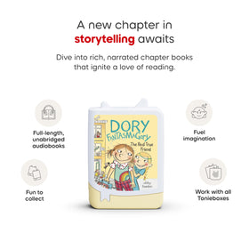 Cozy bedroom listening scene with Tonies Dory Fantasmagory 4-pack.