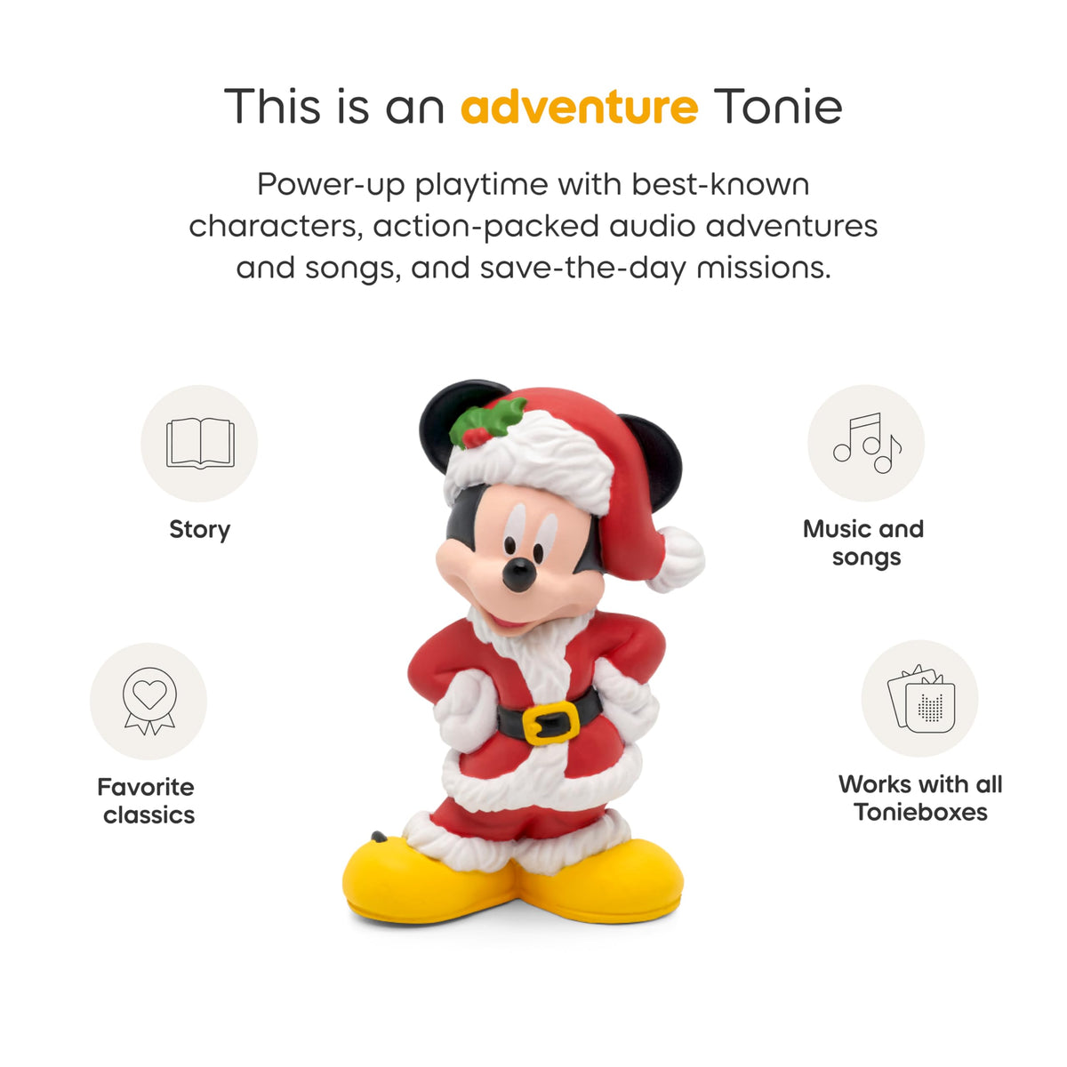 Tonies tracklist card highlights songs and stories for curious listeners
