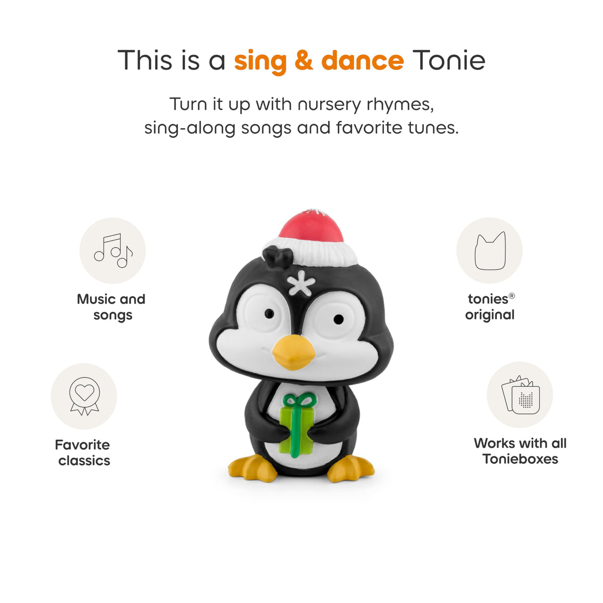 Tonies Holiday Songs Volume 1 tracklist card highlights favorite holiday songs.