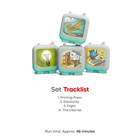 Tonies Inventions 4-Pack printing press artwork; kids learn history through audio.