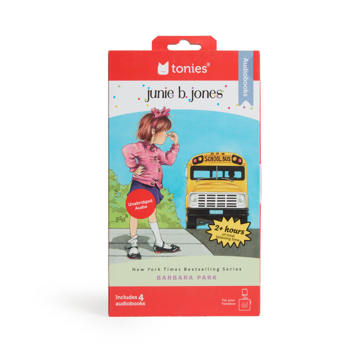 Tonies Junie B Jones 4-pack age 6 plus illustration guides suitability.