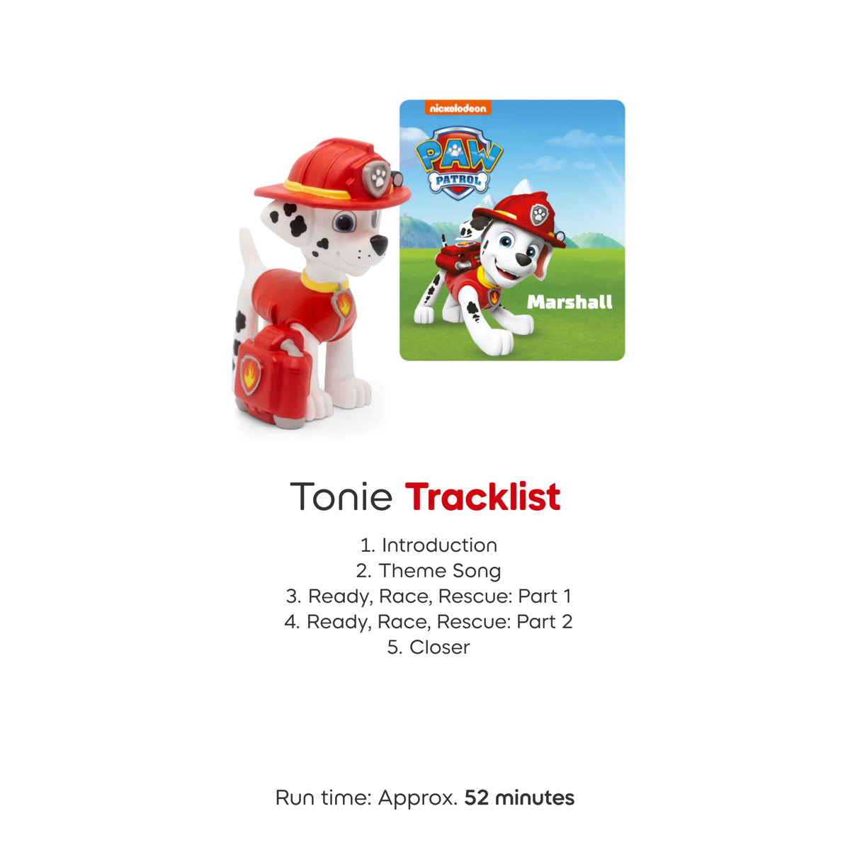 Tonies track list including Theme Song and Ready Race Rescue for familiar favorites.