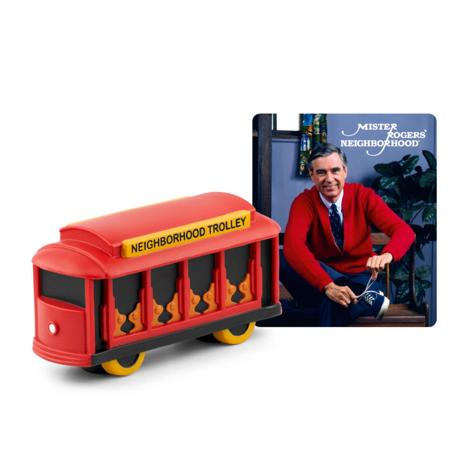 Tonies Mister Rogers' Neighborhood figurine beside a Toniebox boosts calm listening.