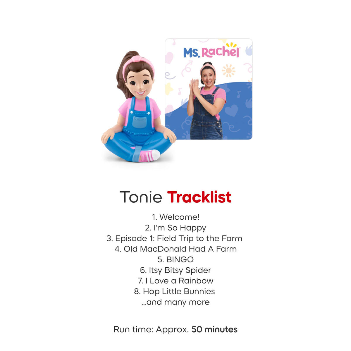 Tonies Ms. Rachel content packaging image showing 3 stories and 20 songs