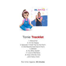 Tonies Ms. Rachel content packaging image showing 3 stories and 20 songs