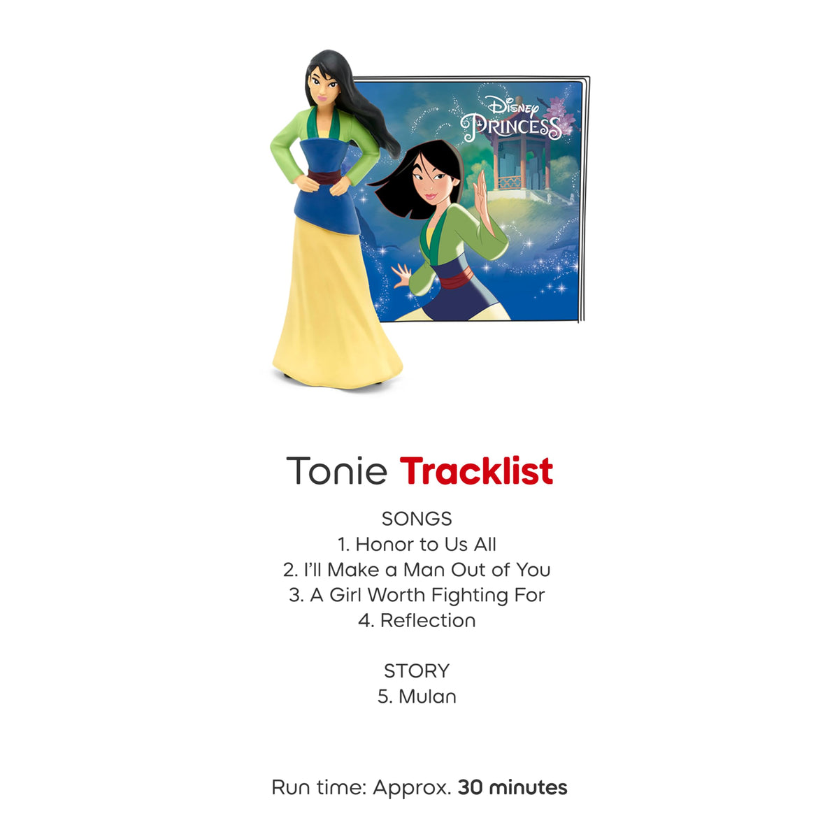 Tonies Mulan tracklist featuring songs and a story for kids.